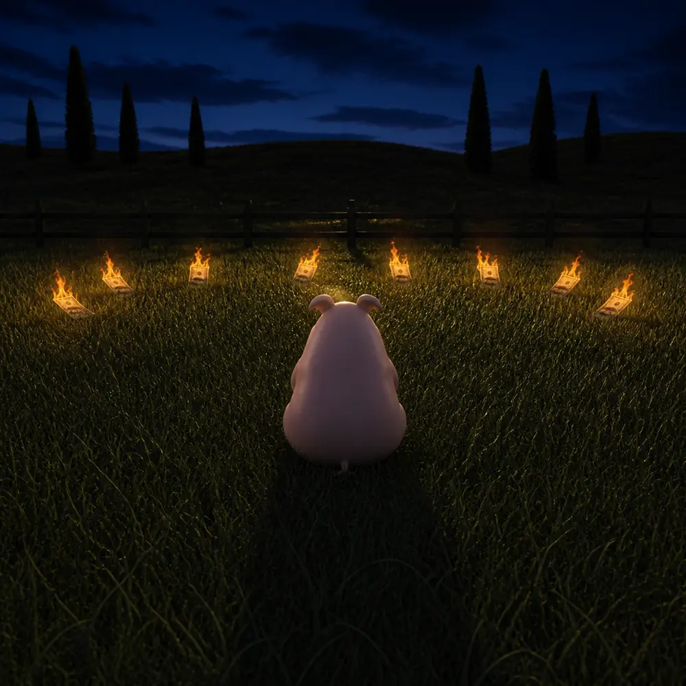 Sitting in front of a row of burning notes