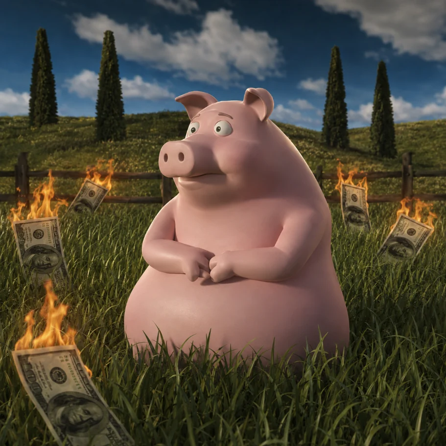 Cashpig sitting in the grass
